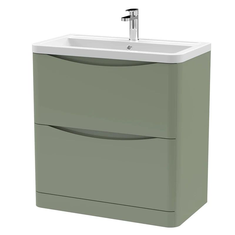 nuie Modern Bathroom Floor Standing 2 Drawer Vanity Unit with Ceramic Basin, 800mm, Satin Green