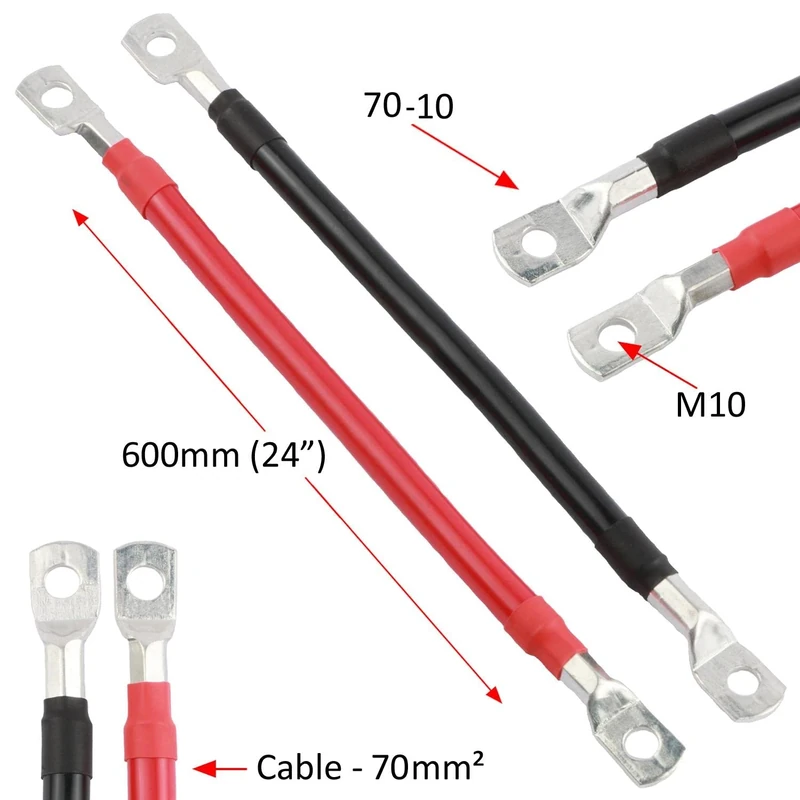 70mm² 485A Copper Battery Lead Power Strap Earth Bond Lead Cable M10 Positive/Negative