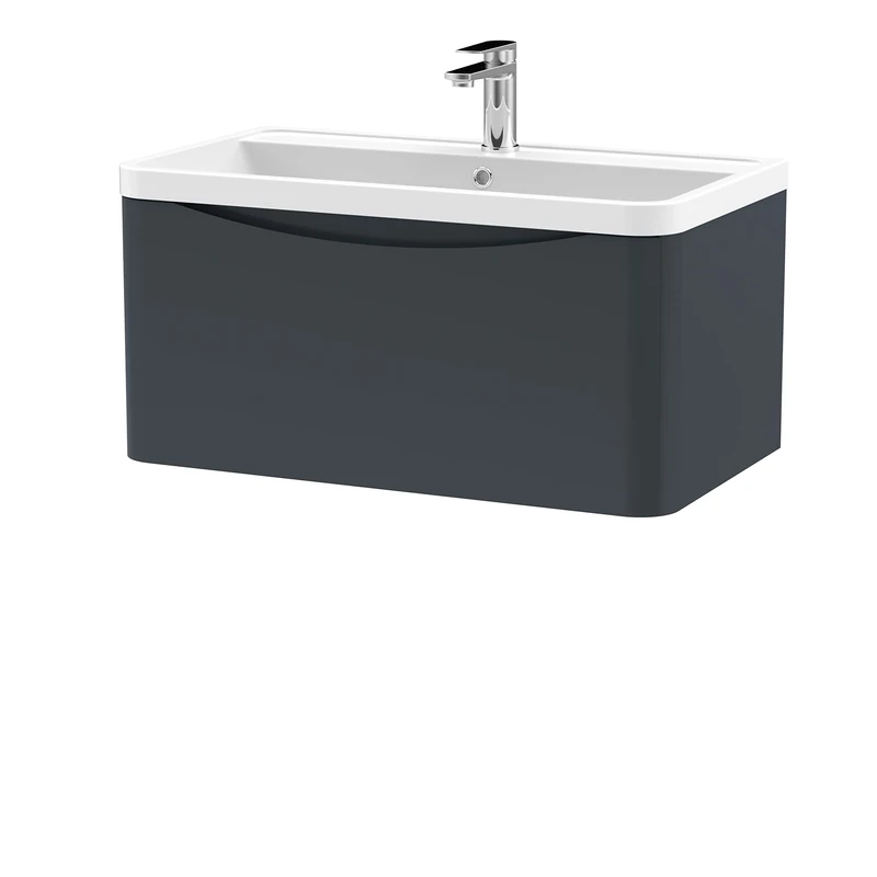 nuie LUN1406 Lunar Modern Bathroom Wall Hung 1 Drawer Vanity Basin Unit & Polymarble Basin, 800mm, Soft Black