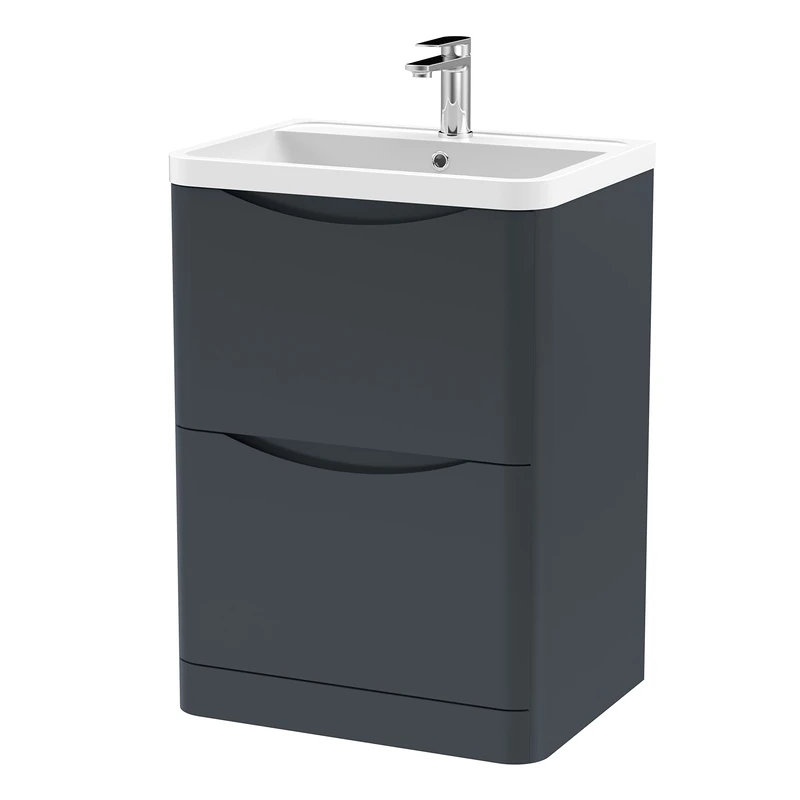 nuie LUN1401 Lunar Modern Bathroom Floor Standing 2 Drawer Vanity Basin Unit with Polymarble Basin, 600mm, Soft Black