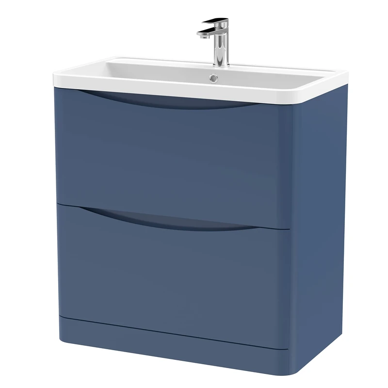 nuie LUN303 Lunar Modern Bathroom Floor Standing 2 Drawer Vanity Basin Unit with Polymarble Basin, 800mm, Satin Blue