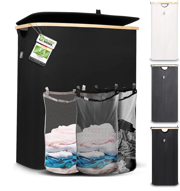 HENNEZ 150L Extra Large Laundry Basket 3 Compartments - Family Laundry Hamper Basket with Removable Bags - 3 Section Laundry Basket with Lid - Dirty Laundry Sorter for Laundry Bin