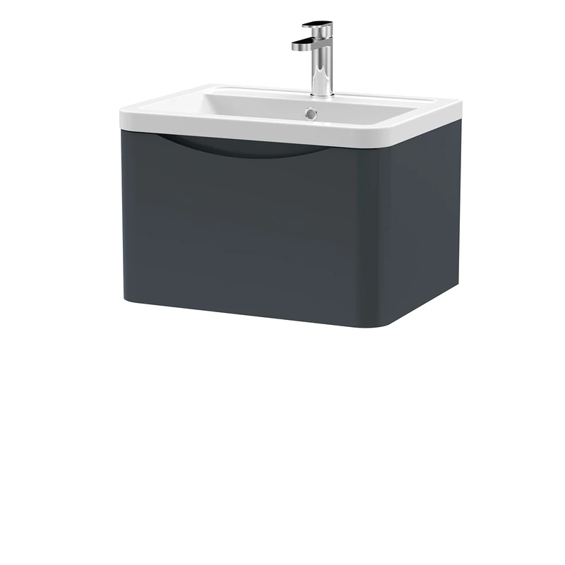 nuie LUN1405A Lunar Modern Bathroom Wall Hung 1 Drawer Vanity Basin Unit & Ceramic Basin, 600mm, Soft Black