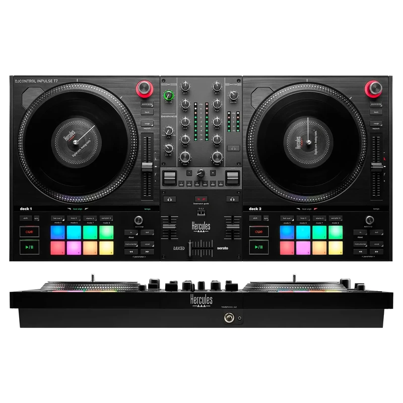 Hercules DJControl Inpulse T7: Motorised Professional DJ Controller – Authentic Vinyl Feel with 7” Spinning Platters – Stems Control for Mashups – Compatible with Serato DJ Pro & DJUCED