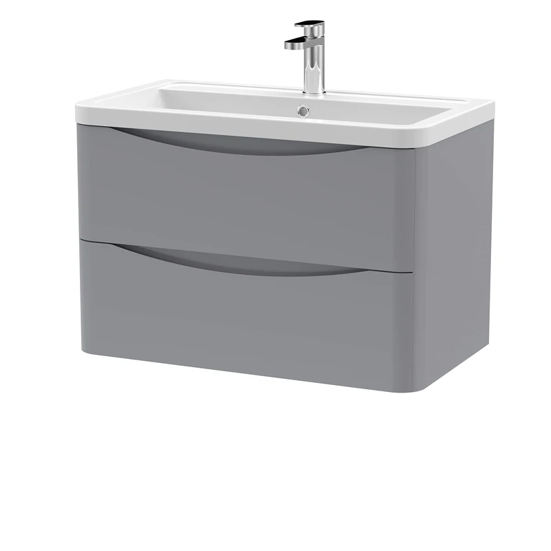 nuie Modern Bathroom Wall Hung 2 Drawer Vanity Unit & Ceramic Basin, 800mm, Satin Grey