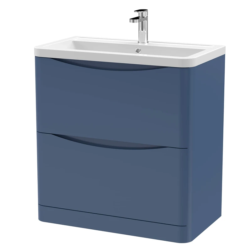 nuie Modern Bathroom Floor Standing 2 Drawer Vanity Unit with Ceramic Basin, 800mm, Satin Blue