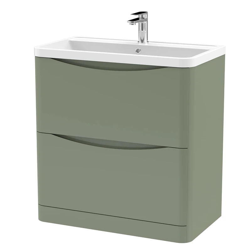 nuie LUN803 Lunar Modern Bathroom Floor Standing 2 Drawer Vanity Basin Unit with Polymarble Basin, 800mm, Satin Green