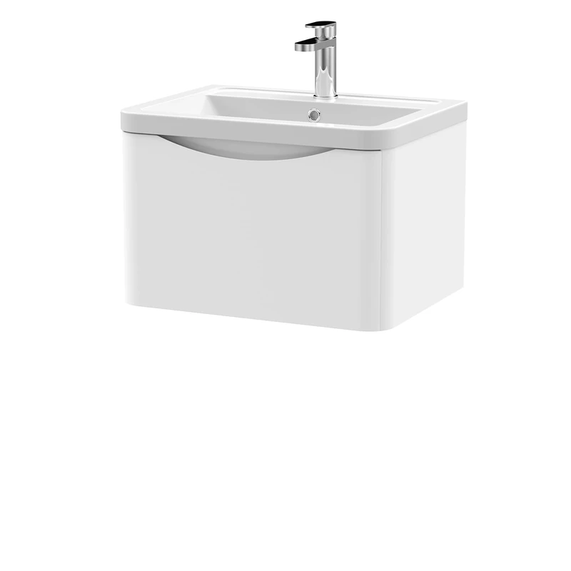 nuie LUN105A Lunar Modern Bathroom Wall Hung 1 Drawer Vanity Basin Unit & Ceramic Basin, 600mm, Satin White