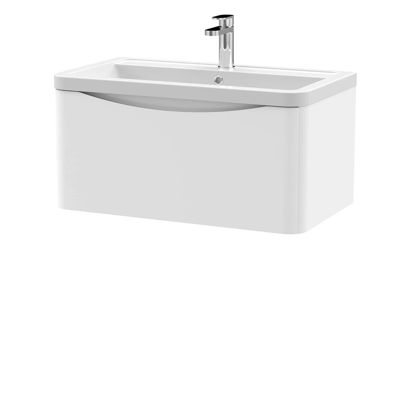 nuie LUN106A Lunar Modern Bathroom Wall Hung 1 Drawer Vanity Basin Unit & Ceramic Basin, 800mm, Satin White