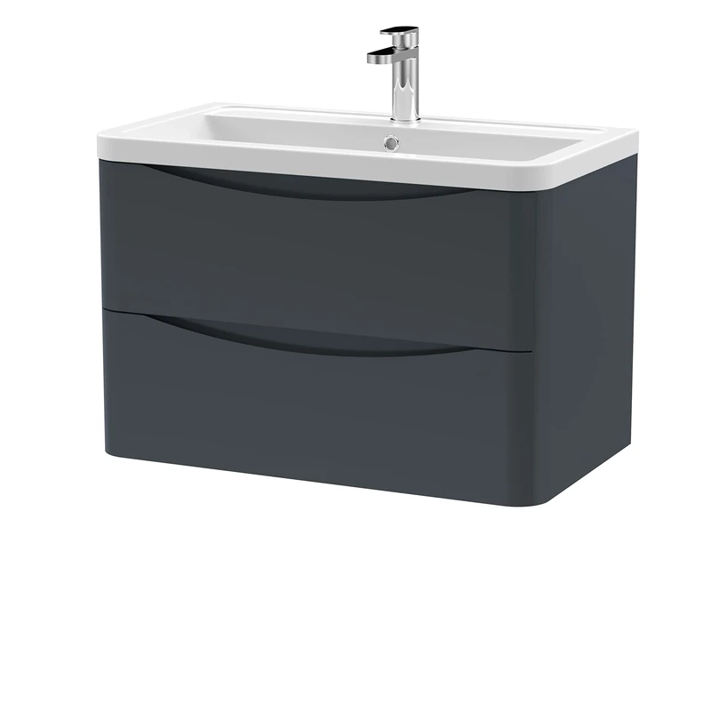 nuie Modern Bathroom Wall Hung 2 Drawer Vanity Unit & Ceramic Basin, 800mm, Satin Anthracite, Soft Black