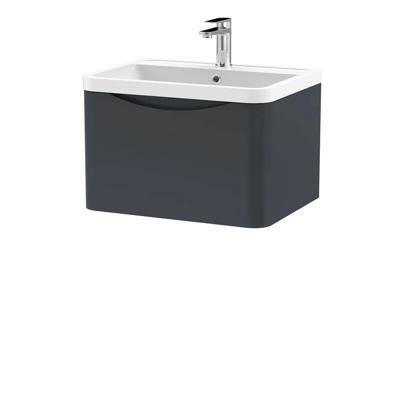 nuie LUN1405 Lunar Modern Bathroom Wall Hung 1 Drawer Vanity Basin Unit & Polymarble Basin, 600mm, Soft Black