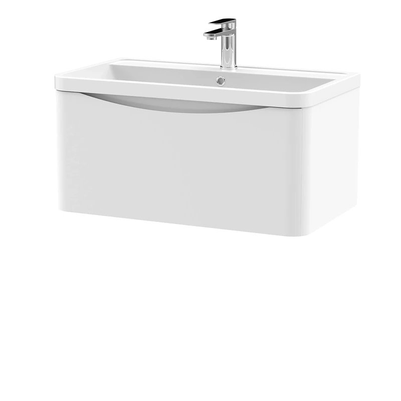 nuie LUN106 Lunar Modern Bathroom Wall Hung 1 Drawer Vanity Basin Unit & Polymarble Basin, 800mm, Satin White