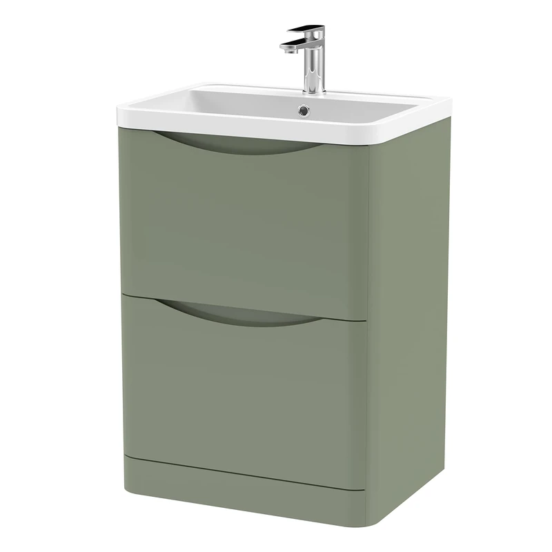 nuie LUN801 Lunar Modern Bathroom Floor Standing 2 Drawer Vanity Basin Unit with Polymarble Basin, 600mm, Satin Green