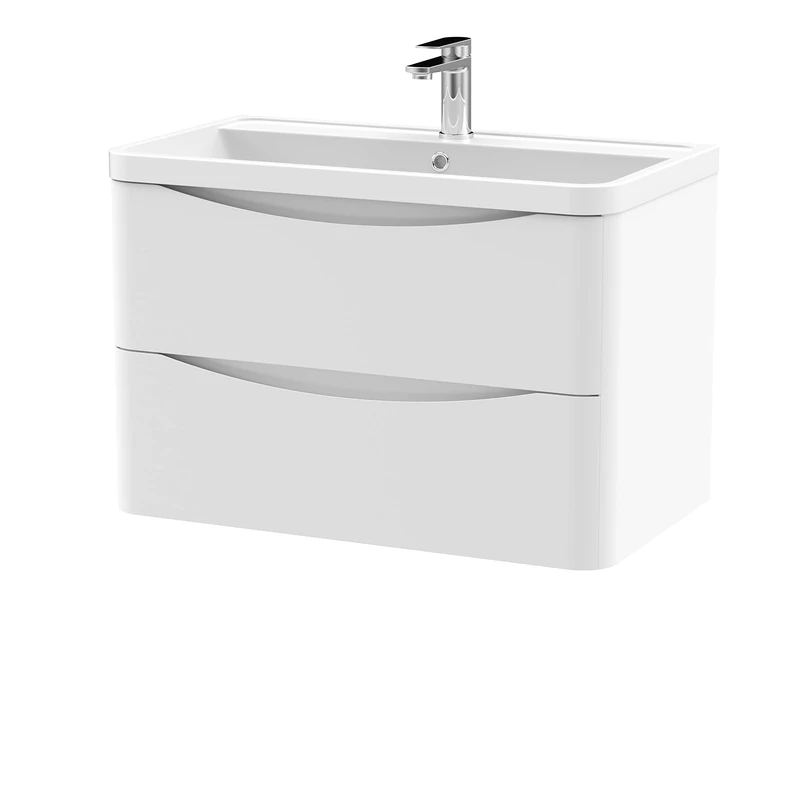 nuie LUN104 Lunar Modern Bathroom Wall Hung 2 Drawer Vanity Basin Unit & Polymarble Basin, 800mm, Satin White