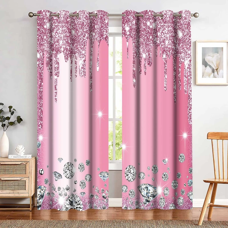 MIZSYE Pink Shiny Diamond Curtains Gorgeous Sparkling Drips Blackout Print Curtains Room Darkening Suitable for Girl Princess Bedrooms Living Rooms Decoration 2 Panels 42x84inch(No Sequins No Sequins)