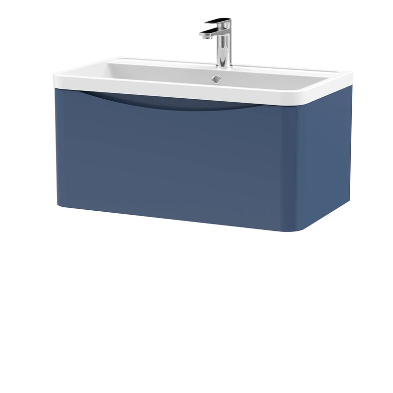 nuie LUN306 Lunar Modern Bathroom Wall Hung 1 Drawer Vanity Basin Unit & Polymarble Basin, 800mm, Satin Blue
