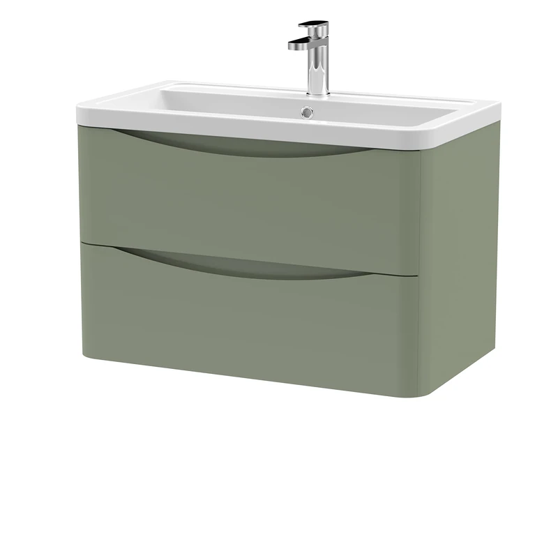 nuie LUN804A Lunar Modern Bathroom Wall Hung 2 Drawer Vanity Basin Unit & Ceramic Basin, 800mm, Satin Green