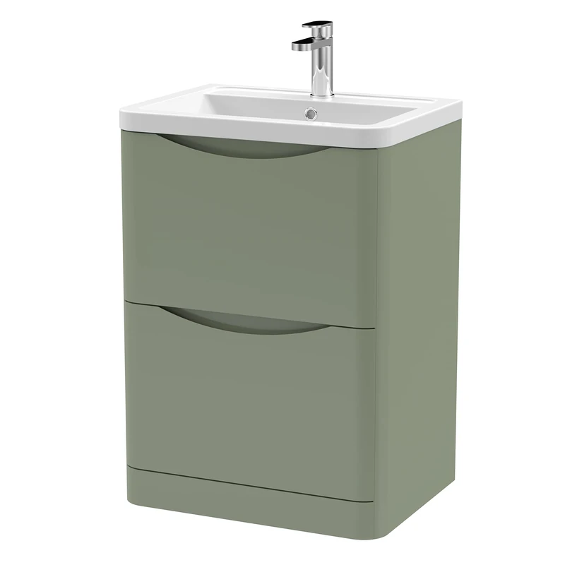 nuie LUN801A Lunar Modern Bathroom Floor Standing 2 Drawer Vanity Basin Unit with Ceramic Basin, 600mm, Satin Green