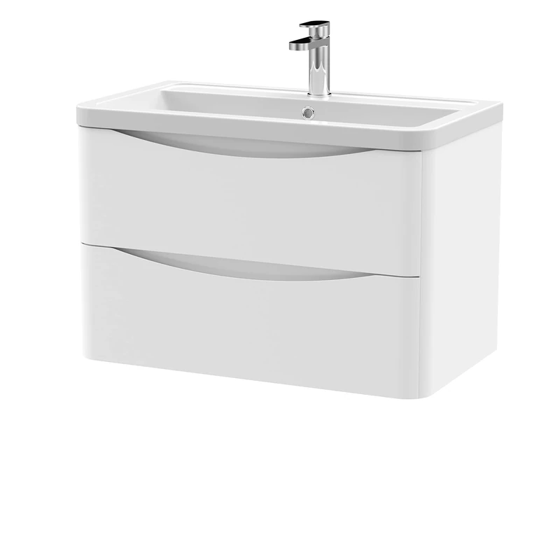nuie LUN104A Lunar Modern Bathroom Wall Hung 2 Drawer Vanity Basin Unit & Ceramic Basin, 800mm, Satin White