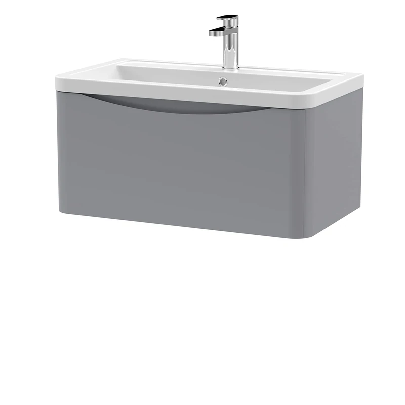 nuie LUN206A Lunar Modern Bathroom Wall Hung 1 Drawer Vanity Basin Unit & Ceramic Basin, 800mm, Satin Grey