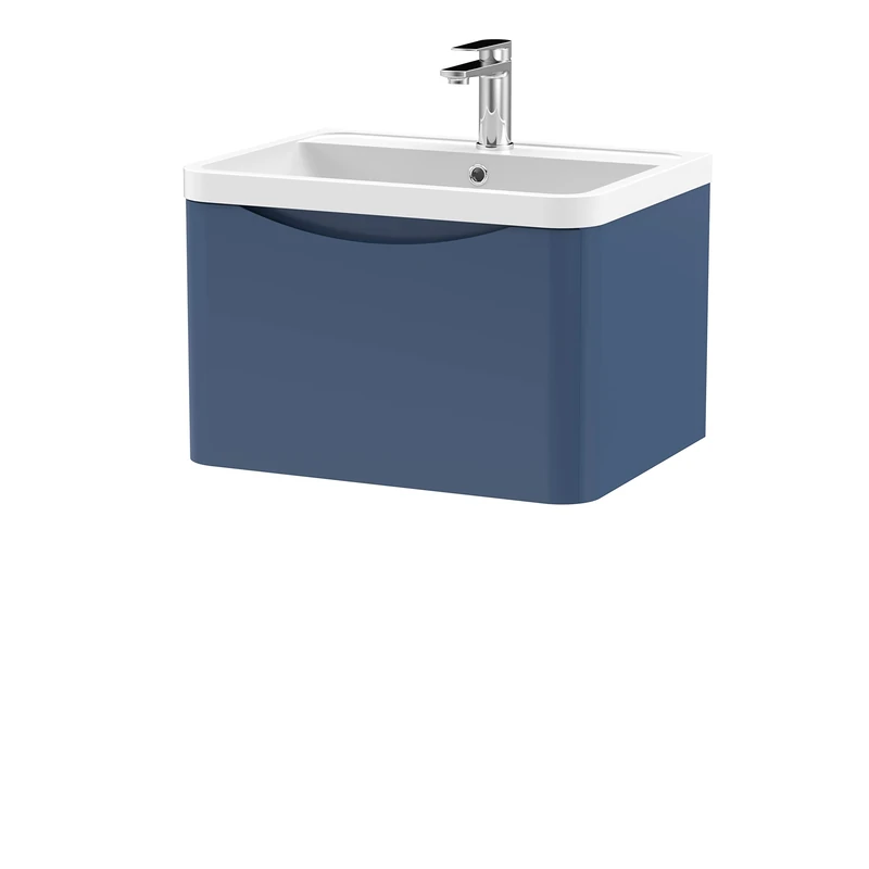 nuie LUN305 Lunar Modern Bathroom Wall Hung 1 Drawer Vanity Basin Unit & Polymarble Basin, 600mm, Satin Blue