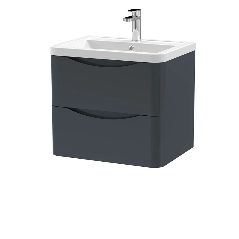 nuie LUN1402A Lunar Modern Bathroom Wall Hung 2 Drawer Vanity Basin Unit & Ceramic Basin, 600mm, Soft Black