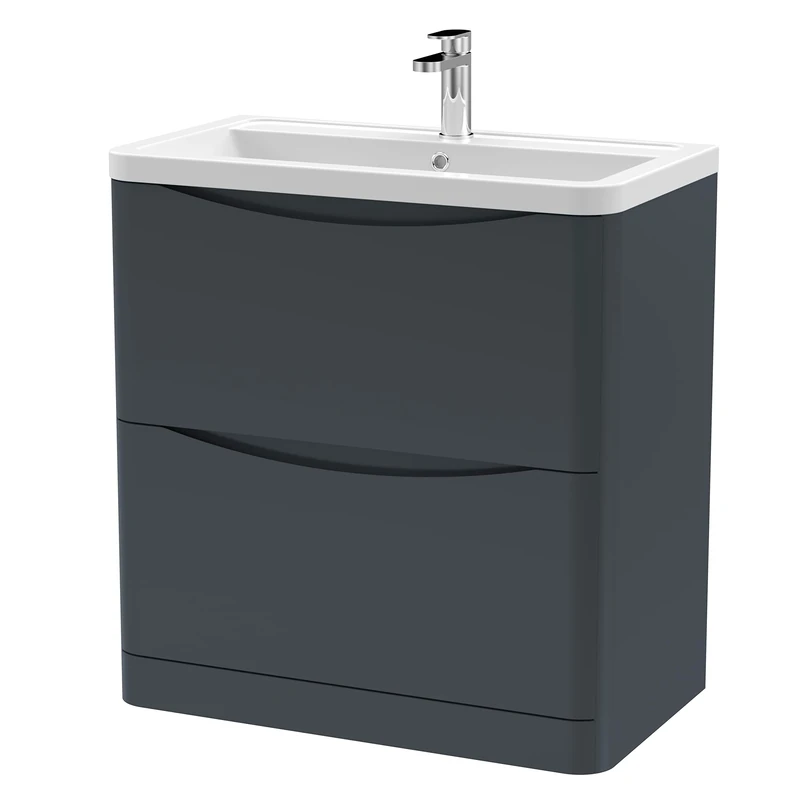 nuie LUN1403A Lunar Modern Bathroom Floor Standing 2 Drawer Vanity Basin Unit with Ceramic Basin, 800mm, Soft Black