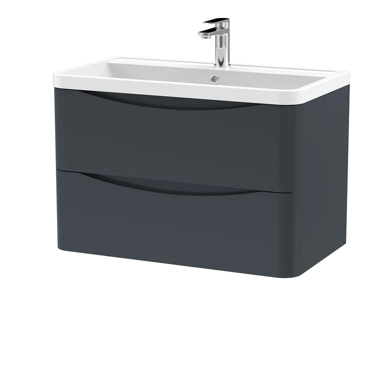 nuie LUN1404 Lunar Modern Bathroom Wall Hung 2 Drawer Vanity Basin Unit & Polymarble Basin, 800mm, Soft Black