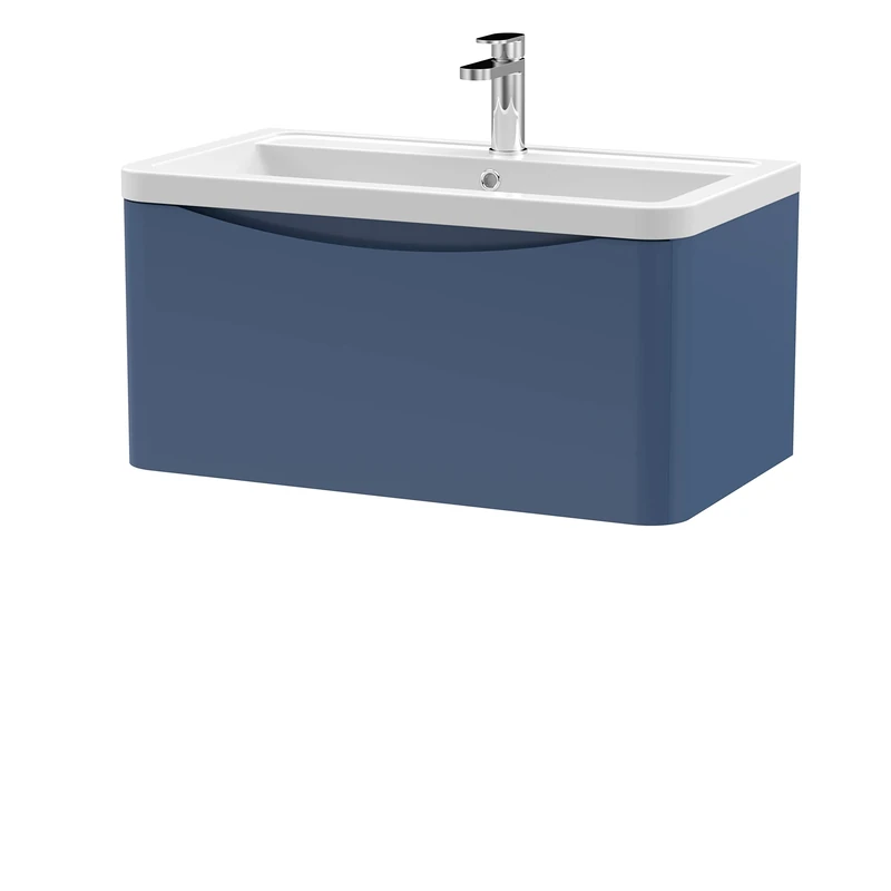 nuie LUN306A Lunar Modern Bathroom Wall Hung 1 Drawer Vanity Basin Unit & Ceramic Basin, 800mm, Satin Blue