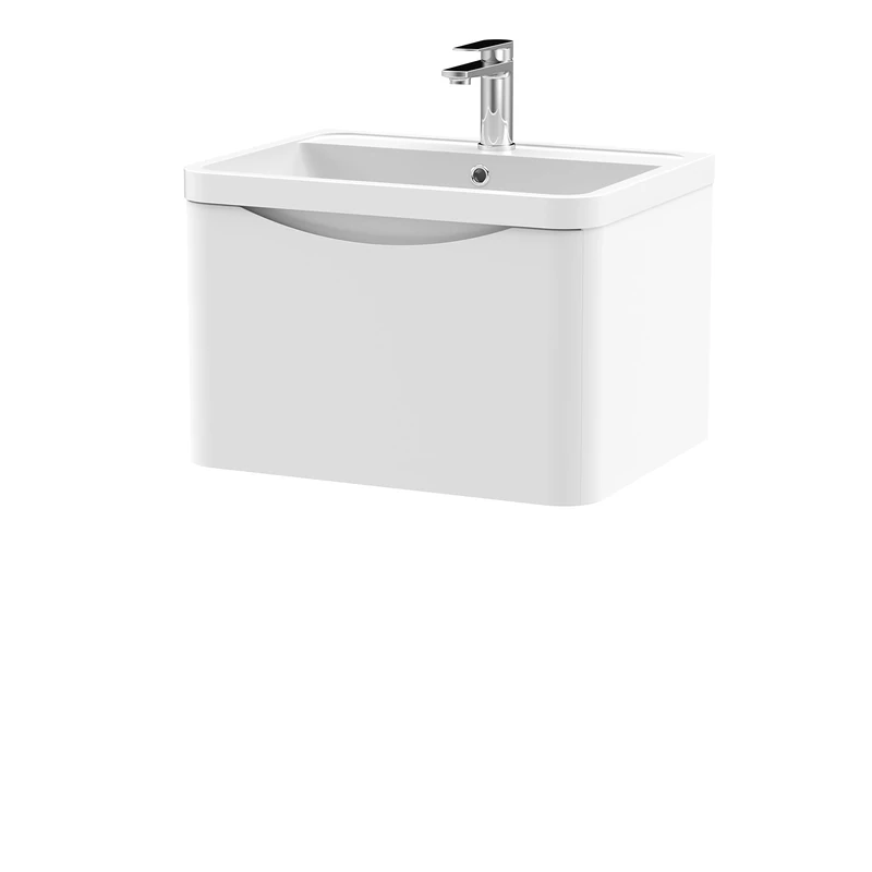 nuie LUN105 Lunar Modern Bathroom Wall Hung 1 Drawer Vanity Basin Unit & Polymarble Basin, 600mm, Satin White