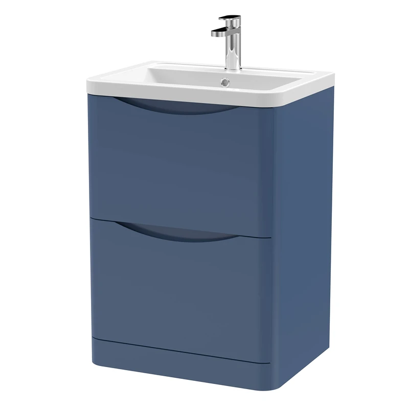 nuie Modern Bathroom Floor Standing 2 Drawer Vanity Unit with Ceramic Basin, 600mm, Satin Blue