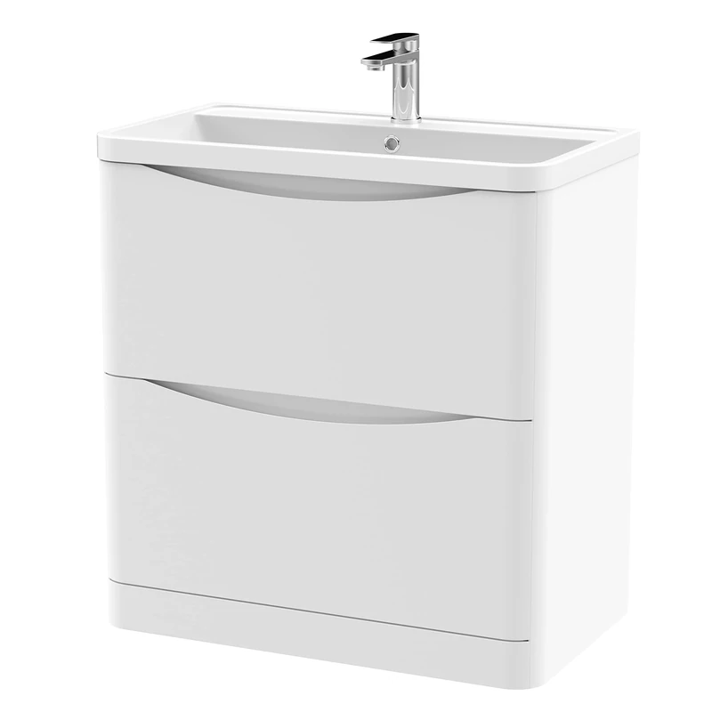 nuie LUN103 Lunar Modern Bathroom Floor Standing 2 Drawer Vanity Basin Unit with Polymarble Basin, 800mm, Satin White