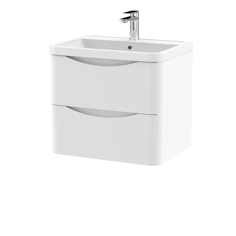 nuie LUN102 Lunar Modern Bathroom Wall Hung 2 Drawer Vanity Basin Unit & Polymarble Basin, 600mm, Satin White