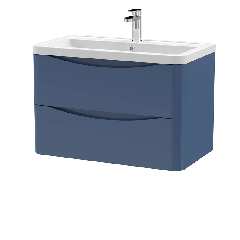 nuie LUN304A Lunar Modern Bathroom Wall Hung 2 Drawer Vanity Basin Unit & Ceramic Basin, 800mm, Satin Blue