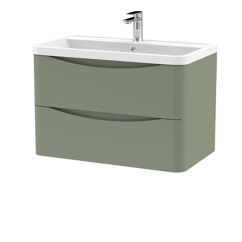nuie LUN804 Lunar Modern Bathroom Wall Hung 2 Drawer Vanity Basin Unit & Polymarble Basin, 800mm, Satin Green