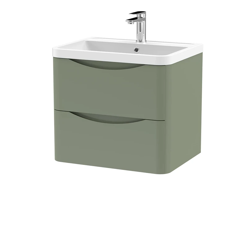 nuie LUN802 Lunar Modern Bathroom Wall Hung 2 Drawer Vanity Basin Unit & Polymarble Basin, 600mm, Satin Green