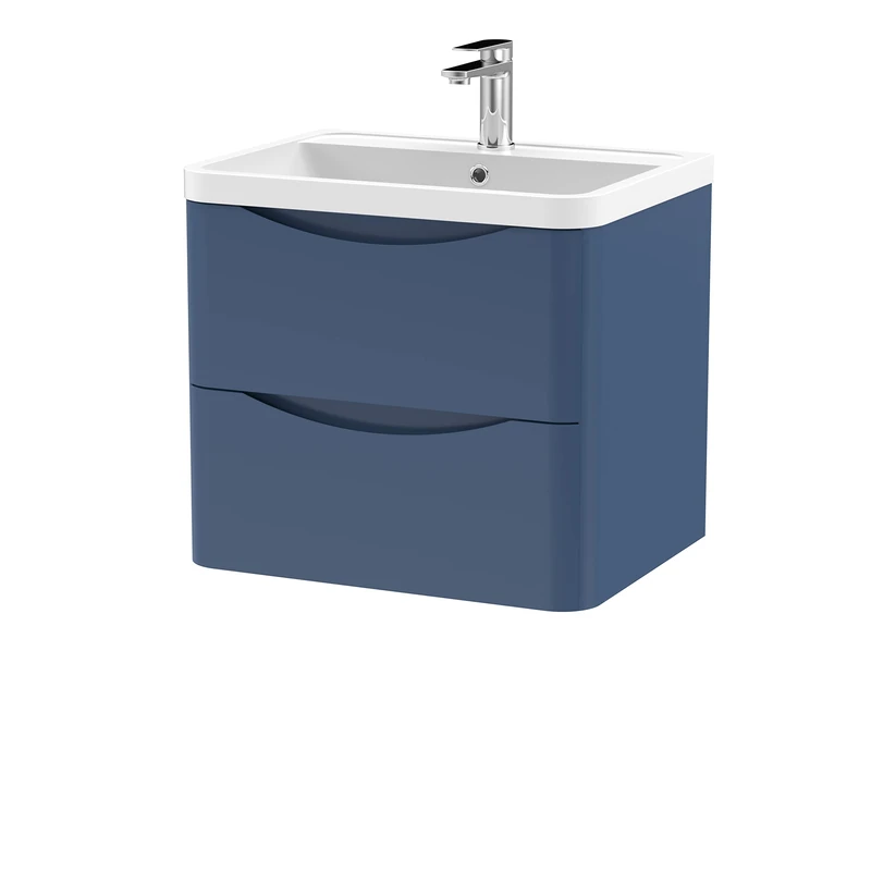 nuie LUN302 Lunar Modern Bathroom Wall Hung 2 Drawer Vanity Basin Unit & Polymarble Basin, 600mm, Satin Blue