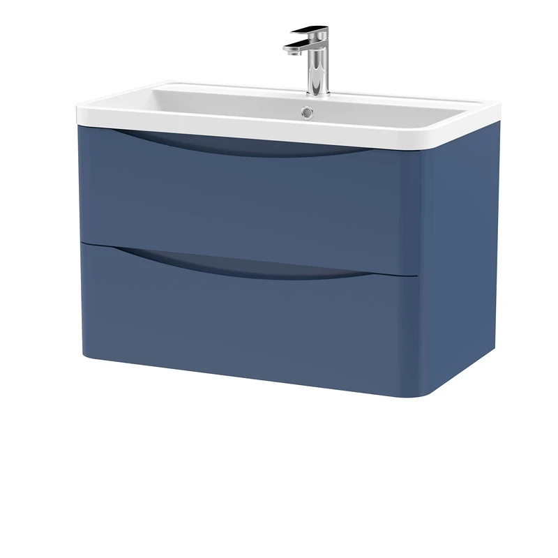 nuie LUN304 Lunar Modern Bathroom Wall Hung 2 Drawer Vanity Basin Unit & Polymarble Basin, 800mm, Satin Blue