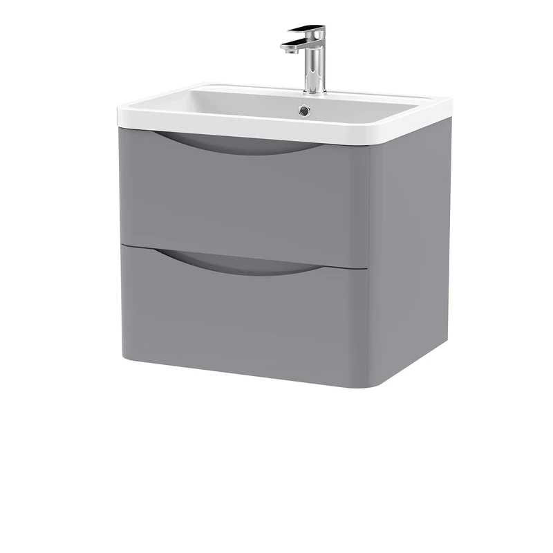nuie LUN202 Lunar Modern Bathroom Wall Hung 2 Drawer Vanity Basin Unit & Polymarble Basin, 600mm, Satin Grey