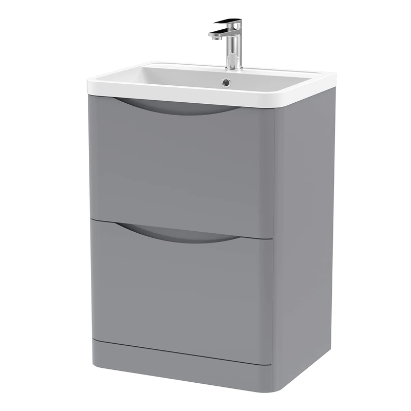 nuie LUN201 Lunar Modern Bathroom Floor Standing 2 Drawer Vanity Basin Unit with Polymarble Basin, 600mm, Satin Grey