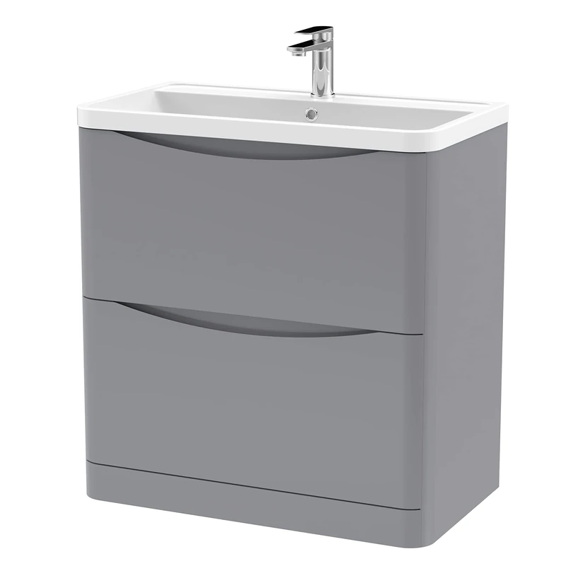 nuie LUN203 Lunar Modern Bathroom Floor Standing 2 Drawer Vanity Basin Unit with Polymarble Basin, 800mm, Satin Grey
