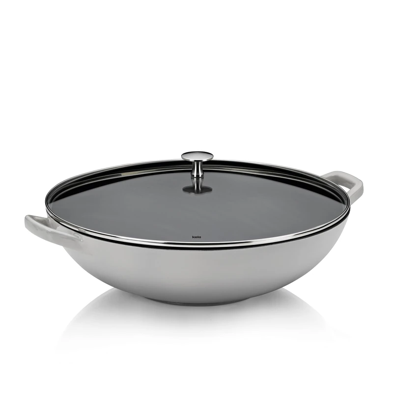 kela Calido 12610 Wok, Diameter 36 cm, 4 L, Cast Iron, Light Grey, All-Hob Base, Rough Enamelled, Glass Lid with Stainless Steel Handle - Image 1