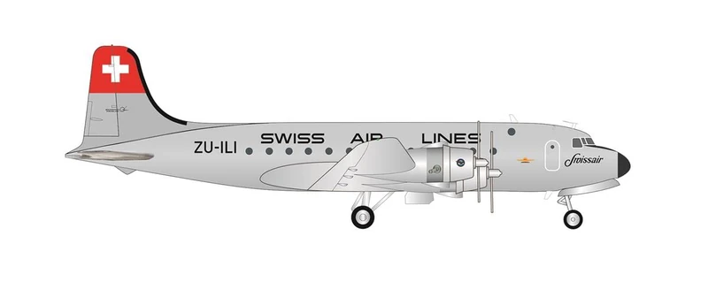 Herpa 572491 Airplane Swissair Douglas DC-4 – ZU-ILI on a Scale of 1 : 200, Metal Miniature with pedastal, Model Building, Collectors Edition
