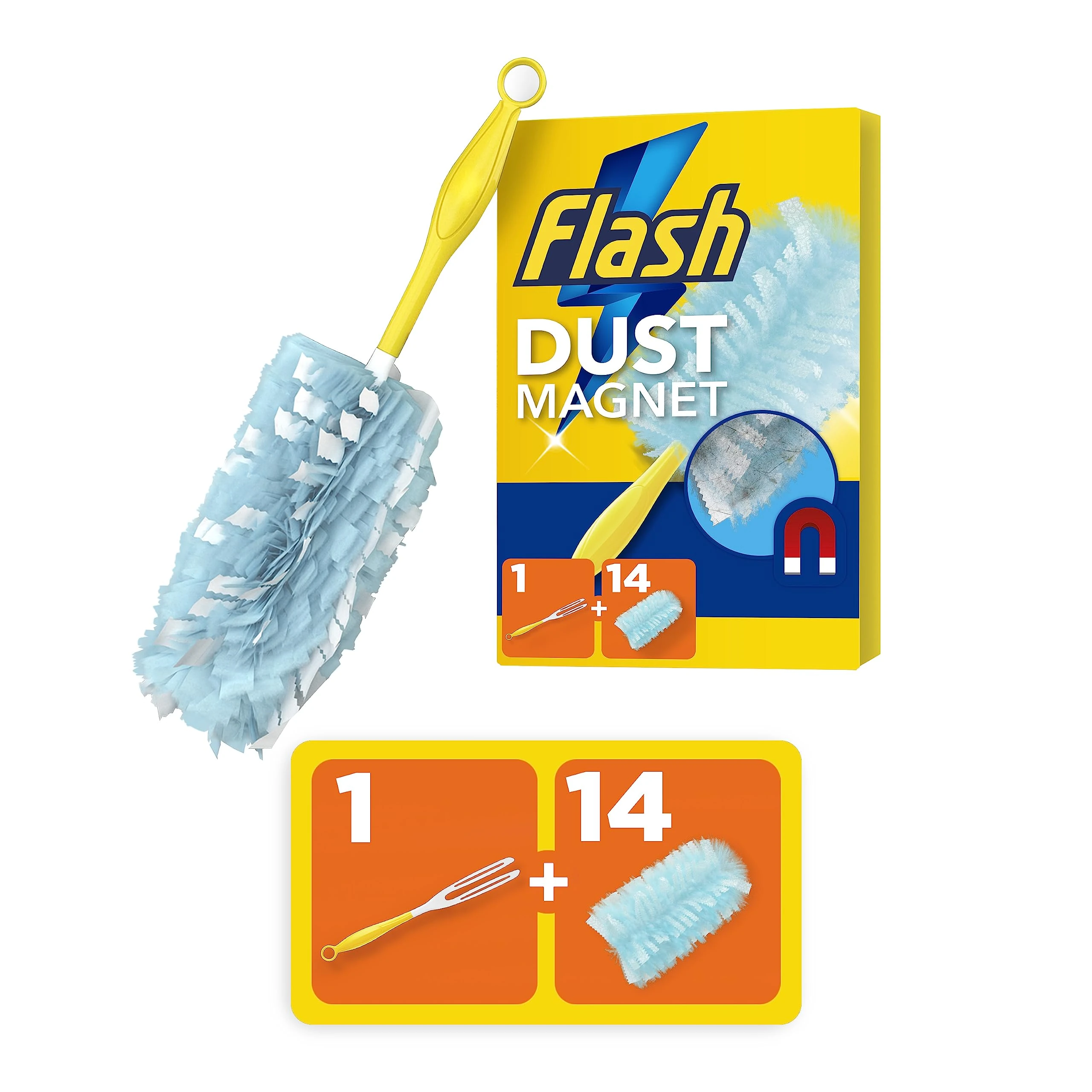 Flash Duster Dust Magnet Starter Kit, Dusters, 1 Handle + 14 Refills, Effective on 100% of Dust, Dust Magnet Refill