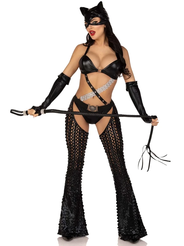 Leg Avenue 3 PC Mistress Kitty, includes strappy cut out bodysuit with padded bra top and ruched back bottoms, attached belted laser cut chaps, fingerless gloves, and cat ear skull cap - Image 1