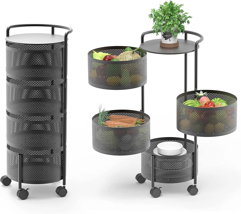 Megashopitalia Cart Vegetable Basket 5-Tier Fruit Basket with Wheels for Kitchen Storage Black