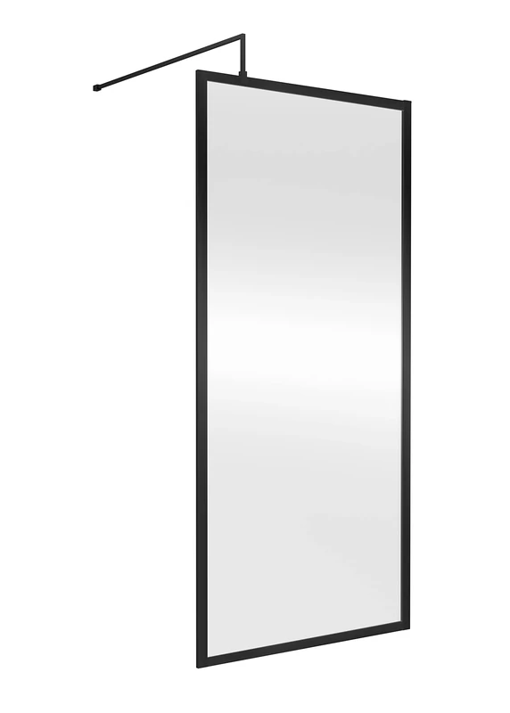 nuie WRFBP1890 Modern Bathroom Full Outer Frame 8mm Toughened Safety Glass 1850mm Wetroom Screen & Support Arm, 900mm, Satin Black