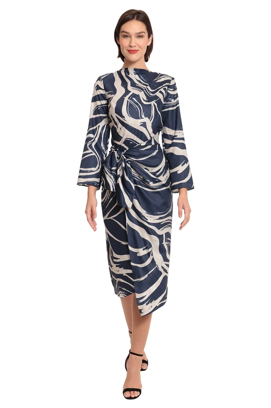 Donna Morgan Women's Long Sleeve Midi Wrap Dress, Navy/Beige, 12