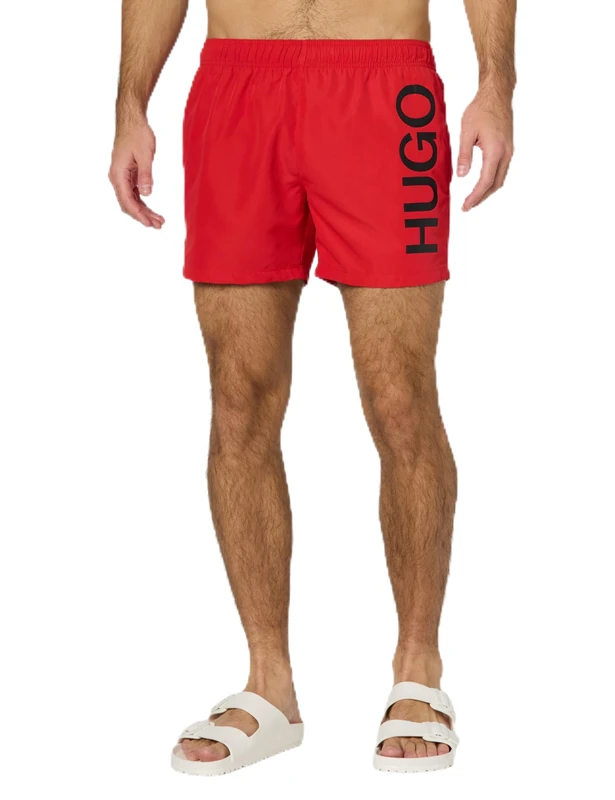 HUGO Men's Vertical Logo Swim Trunks, Open Pink/Black, Large