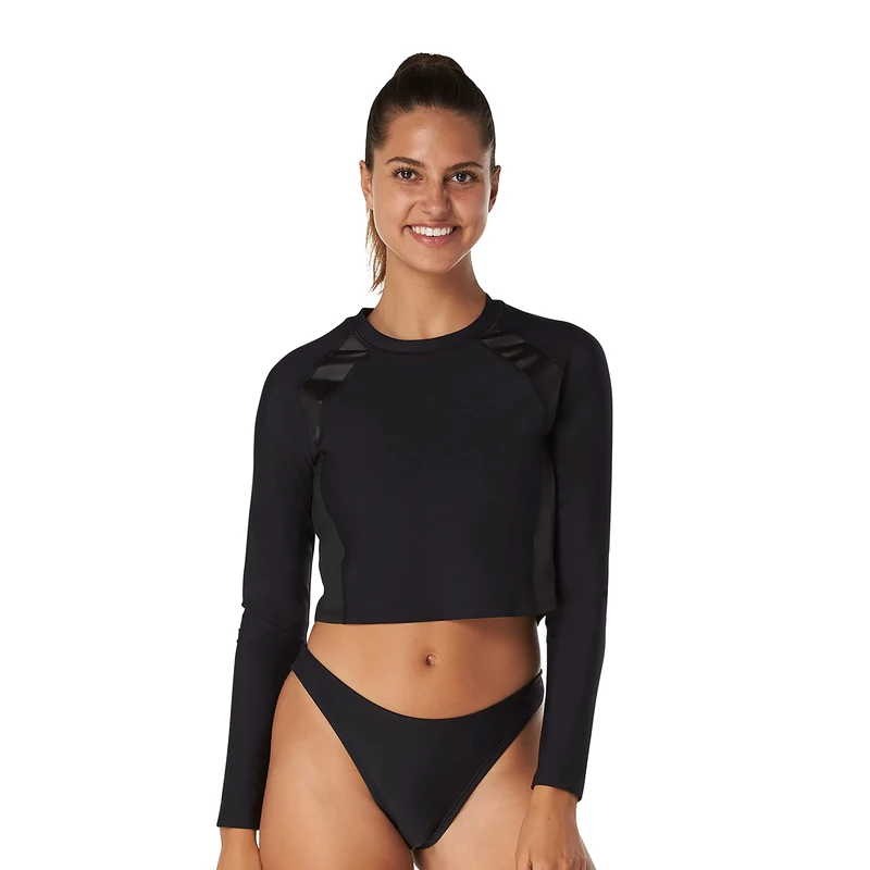 Speedo Women's Uv Swim Shirt Long Sleeve Rashguard Rash Guard, Crop Sheen Black, Small